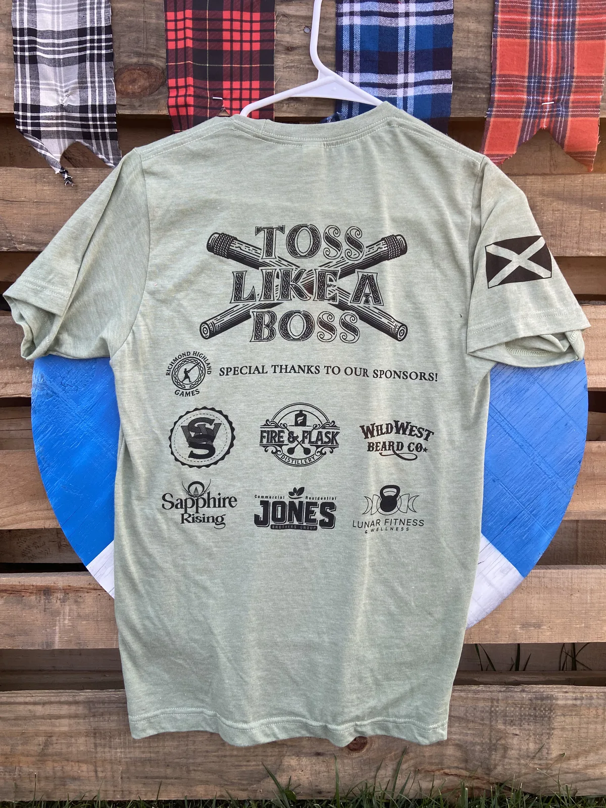 Back of the 2025 Richmond Kentucky Highland Games shirt showing sponsor logos